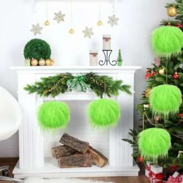 Hollowfly 4 Pcs 6 Inches Lime Green Furry Christmas Ball Ornaments Large Green Christmas Ball Faux Fur Hanging Christmas Ball Ornament for Indoor Christmas Tree Anniversary Wedding Party Holiday