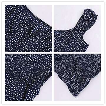 YOBECHO Womens Summer Ruffle Sleeve Sweetheart Neckline Printing Dress (Large, Navy Blue)