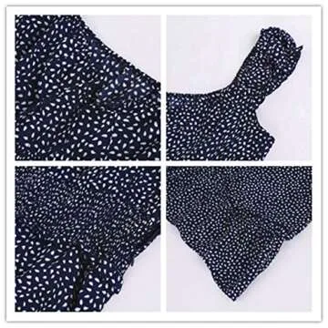 YOBECHO Womens Summer Ruffle Sleeve Sweetheart Neckline Printing Dress (Large, Navy Blue)