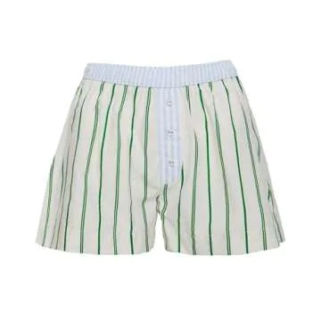 Button Front Boxer Shorts for Women Y2K Elastic Waist Gingham Plaid Pajama Micro Shorts Loose Fit Striped Lounge Bottoms (L Side Slit Green, S)