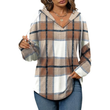 Long Sleeve Shirts for Womens Tops Fall 2024 Trendy Ladies Sweaters Tunics Halloween Sweatshirt Comfort Hoodies for Anxiety Brown Plaid XL
