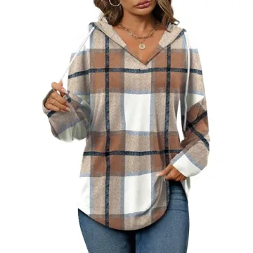 Long Sleeve Shirts for Womens Tops Fall 2024 Trendy Ladies Sweaters Tunics Halloween Sweatshirt Comfort Hoodies for Anxiety Brown Plaid XL