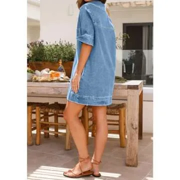 ZENTHACE Women's Shift Denim Dress Deep V Neck Mini Dress
