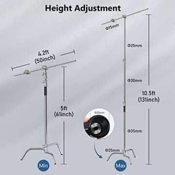 Photography C Stand with Boom Arm: 100% Stainless Steel - Takerers BS10 BS11 Heavy Duty Max Height 10.5ft/131inch Light Stands (1 Pack)