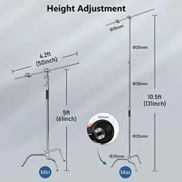 Photography C Stand with Boom Arm: 100% Stainless Steel - Takerers BS10 BS11 Heavy Duty Max Height 10.5ft/131inch Light Stands (1 Pack)