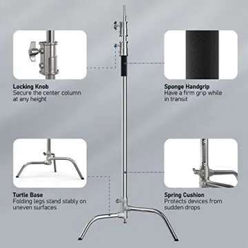 Photography C Stand with Boom Arm: 100% Stainless Steel - Takerers BS10 BS11 Heavy Duty Max Height 10.5ft/131inch Light Stands (1 Pack)