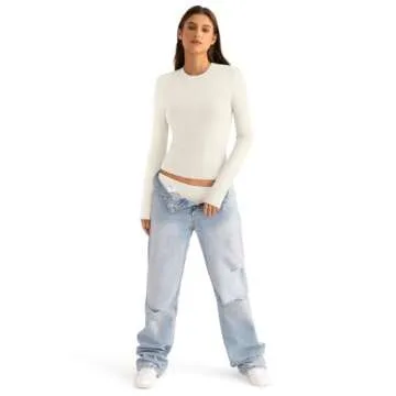 EasyGala Cotton Long Sleeve Shirts Women Crew Neck Slim Fit Basic Going Out Crop Y2k Outfits for Spring Fall Crewneck Tight Tops Fashion Trendy Undershirt Stretchy 2024 Cream Off White