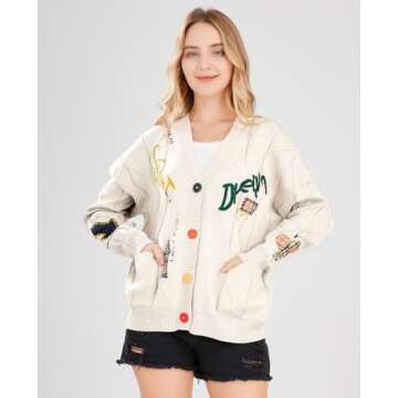 Women's Cable Knit Long Sleeve Open Front Cardigan Sheep V-Neck Button Down Embroidery Wool Blend Sweater Coat Outwear (M,Beige)