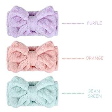 3 Pieces Wash Face Headband Makeup Spa Headband Towel Terry Hair Bands Microfiber Bowtie Headbands Shower Facial Adjustable Headband for Women (Pink, Blue, White)