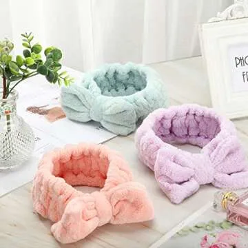 3 Pieces Wash Face Headband Makeup Spa Headband Towel Terry Hair Bands Microfiber Bowtie Headbands Shower Facial Adjustable Headband for Women (Pink, Blue, White)
