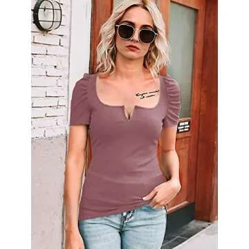 Womens Cute Ruffled Short Sleeve Top Square Neck Fitted Tees Shirt Blouse Pink Large