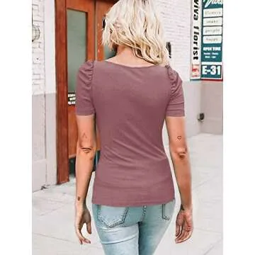 Womens Cute Ruffled Short Sleeve Top Square Neck Fitted Tees Shirt Blouse Pink Large