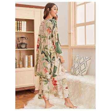 WDIRARA Women's 3 pcs Sleepwear Leaf Print Cami and Pants Pajama Set with Robe