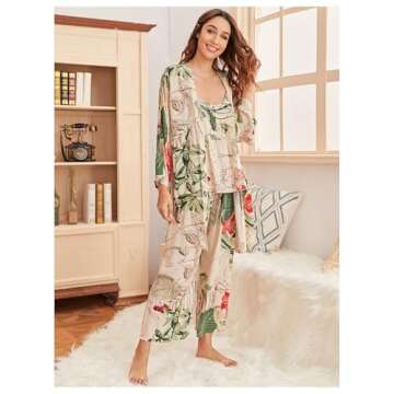 WDIRARA Women's 3 pcs Sleepwear Leaf Print Cami and Pants Pajama Set with Robe