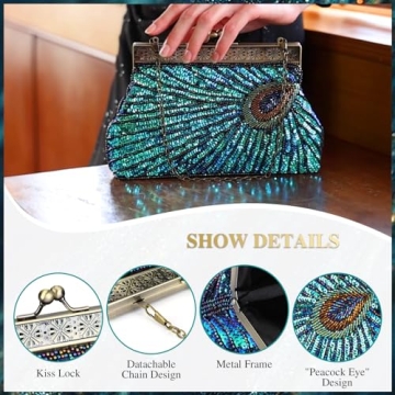 UBORSE Beaded Sequin Peacock Evening Clutch Bags Vintage Evening Bag1920s Party Wedding Purse