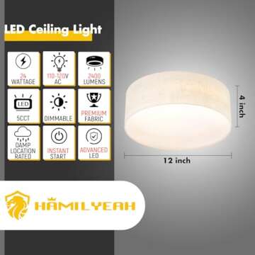 Hamilyeah LED Ceiling Light Flush Mount 24W, 12inch Kitchen Lighting Fixture Ceiling Mount with Fabr...