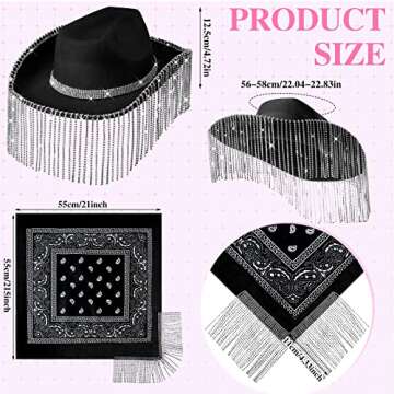 Pasimy Rhinestone Cowgirl Cowboy Hat and Bachelorette Bandanas Set Bling Diamond Fringe Hat for Wome...