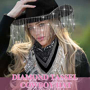 Pasimy Rhinestone Cowgirl Cowboy Hat and Bachelorette Bandanas Set Bling Diamond Fringe Hat for Women Men Cosplay Costume (Black)