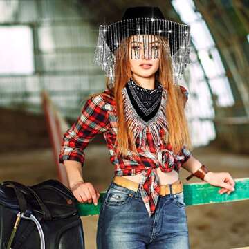 Pasimy Rhinestone Cowgirl Cowboy Hat and Bachelorette Bandanas Set Bling Diamond Fringe Hat for Women Men Cosplay Costume (Black)