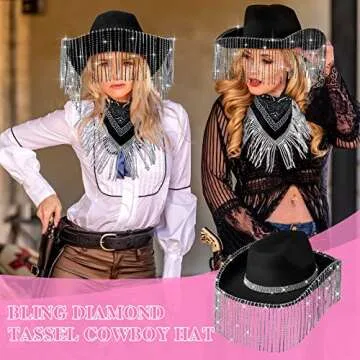 Pasimy Rhinestone Cowgirl Cowboy Hat and Bachelorette Bandanas Set Bling Diamond Fringe Hat for Women Men Cosplay Costume (Black)