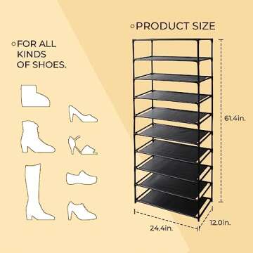 LFGUD 10 Tiers Shoe Rack, Simple Houseware 10-Tier Shoe Rack Storage Organizer 30-Pair, Easy Assembled Shoe Tower Stand, Sturdy Shoe Stand, Non-Woven Fabric Shoe Shelf Organizer Closet for Home, Black
