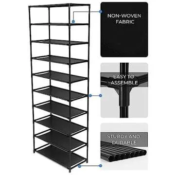 LFGUD 10 Tiers Shoe Rack, Simple Houseware 10-Tier Shoe Rack Storage Organizer 30-Pair, Easy Assembled Shoe Tower Stand, Sturdy Shoe Stand, Non-Woven Fabric Shoe Shelf Organizer Closet for Home, Black