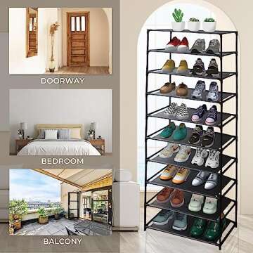 LFGUD 10 Tiers Shoe Rack, Simple Houseware 10-Tier Shoe Rack Storage Organizer 30-Pair, Easy Assembled Shoe Tower Stand, Sturdy Shoe Stand, Non-Woven Fabric Shoe Shelf Organizer Closet for Home, Black