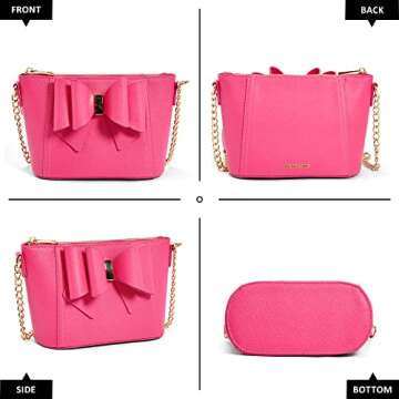 Like Dreams Womens Small Crossbody Vegan Leather Bowtie Fashion Gold Chain Handbag Purse (Fuchsia)