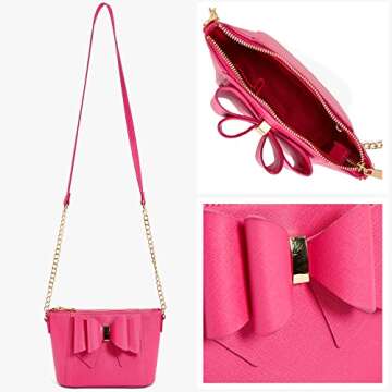 Like Dreams Womens Small Crossbody Vegan Leather Bowtie Fashion Gold Chain Handbag Purse (Fuchsia)