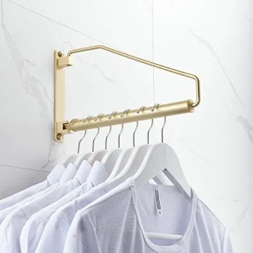 Hiendure Folding Clothes Hanger Gold Brushed Drying Clothes Rack Wall-Mounted Space Saver for Laundry Room Closet, Brass, 12 Inch