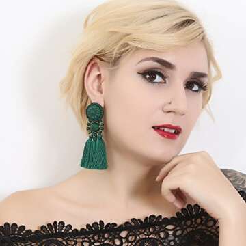 Boderier Bohemian Statement Thread Tassel Chandelier Drop Dangle Earrings with Cassandra Button Stud...