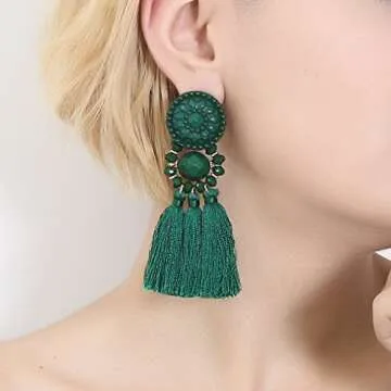 Boderier Bohemian Statement Thread Tassel Chandelier Drop Dangle Earrings with Cassandra Button Stud (Deep Green)