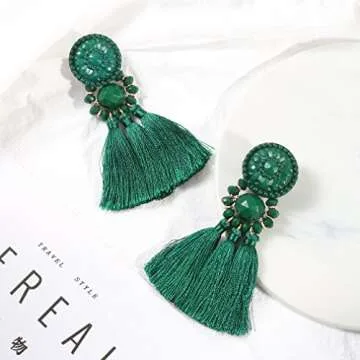 Boderier Bohemian Statement Thread Tassel Chandelier Drop Dangle Earrings with Cassandra Button Stud (Deep Green)