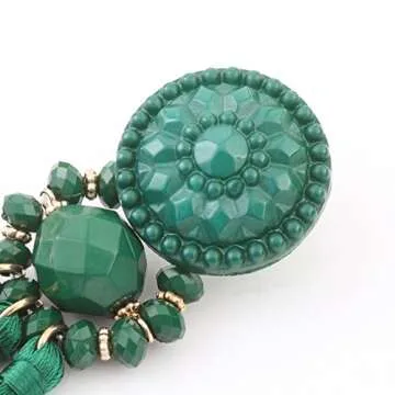 Boderier Bohemian Statement Thread Tassel Chandelier Drop Dangle Earrings with Cassandra Button Stud (Deep Green)