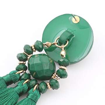 Boderier Bohemian Statement Thread Tassel Chandelier Drop Dangle Earrings with Cassandra Button Stud (Deep Green)