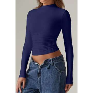 QINSEN High Neck Basic Crop Top for Womens Long Sleeve Slim Fit Bodycon Stretch Tee Shirts Navy XS