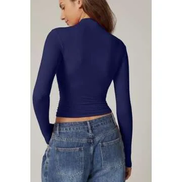 QINSEN High Neck Basic Crop Top for Womens Long Sleeve Slim Fit Bodycon Stretch Tee Shirts Navy XS