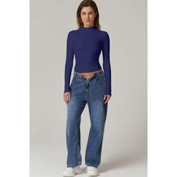 QINSEN High Neck Basic Crop Top for Womens Long Sleeve Slim Fit Bodycon Stretch Tee Shirts Navy XS