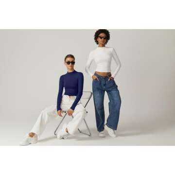 QINSEN High Neck Basic Crop Top for Womens Long Sleeve Slim Fit Bodycon Stretch Tee Shirts Navy XS