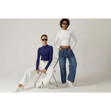 QINSEN High Neck Basic Crop Top for Womens Long Sleeve Slim Fit Bodycon Stretch Tee Shirts Navy XS