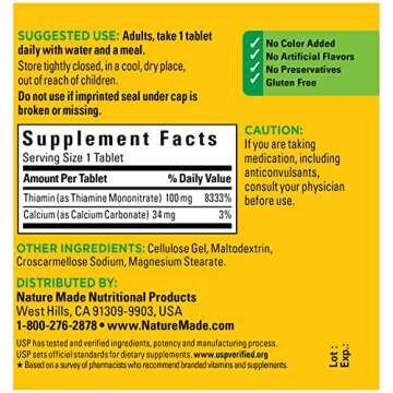 Nature Made Vitamin B1 100 mg, Dietary Supplement for Energy Metabolism Support, 100 Tablets, 100 Day Supply