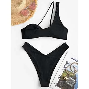 ZAFUL Ribbed O-Ring Bikini Sets for Women One Shoulder Cheeky Swimwear Colorblock Swimsuits