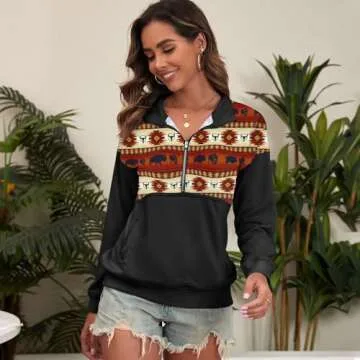 LEMAFER Women's 2025 Casual Aztec Cow Print Zipper Collar Pullover Sweatshirt Western Cowgirl Ethnic Style Hoodies Orange Aztec S