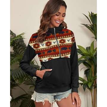LEMAFER Women's 2025 Casual Aztec Cow Print Zipper Collar Pullover Sweatshirt Western Cowgirl Ethnic Style Hoodies Orange Aztec S
