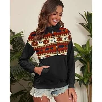 LEMAFER Women's 2025 Casual Aztec Cow Print Zipper Collar Pullover Sweatshirt Western Cowgirl Ethnic Style Hoodies Orange Aztec S