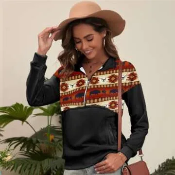 LEMAFER Women's 2025 Casual Aztec Cow Print Zipper Collar Pullover Sweatshirt Western Cowgirl Ethnic Style Hoodies Orange Aztec S
