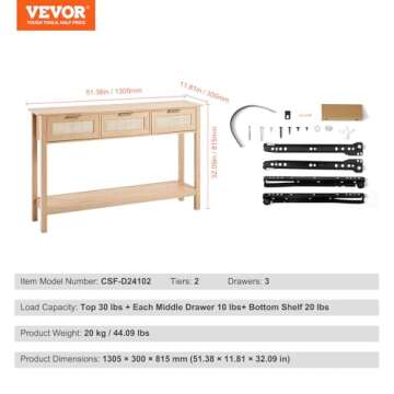 VEVOR Rattan Console Table with 3 Storage Drawers, Rattan Entryway Table with Natural Rattan Sliding...