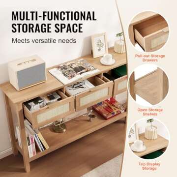 VEVOR Rattan Console Table with 3 Storage Drawers, Rattan Entryway Table with Natural Rattan Sliding Door, Console Sofa Table for Living Room, Study, Entryway Or TV Wall, Natural