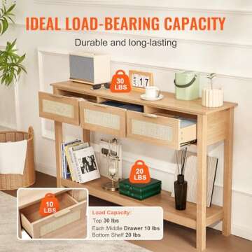 VEVOR Rattan Console Table with 3 Storage Drawers, Rattan Entryway Table with Natural Rattan Sliding Door, Console Sofa Table for Living Room, Study, Entryway Or TV Wall, Natural