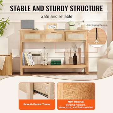 VEVOR Rattan Console Table with 3 Storage Drawers, Rattan Entryway Table with Natural Rattan Sliding Door, Console Sofa Table for Living Room, Study, Entryway Or TV Wall, Natural